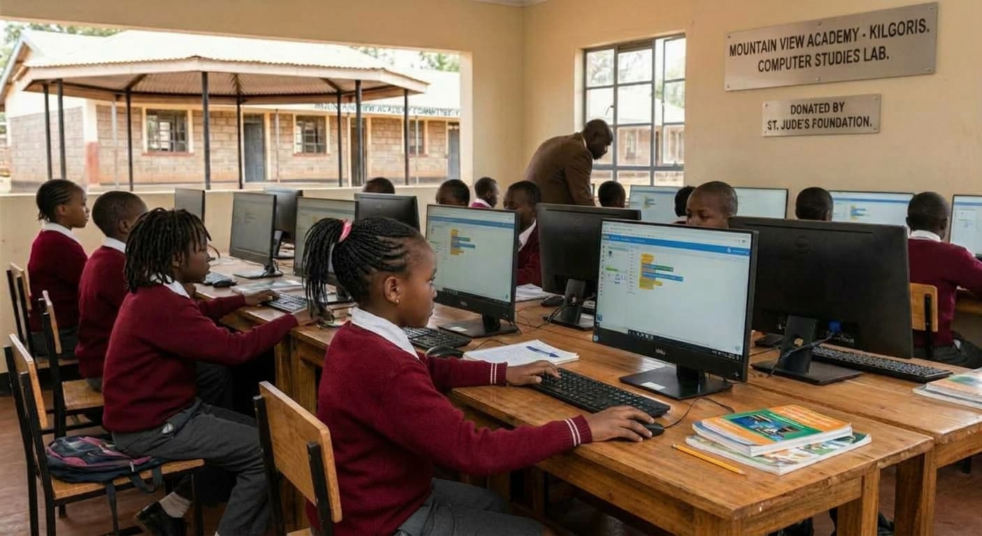 Students working at computers in the school's computer lab
