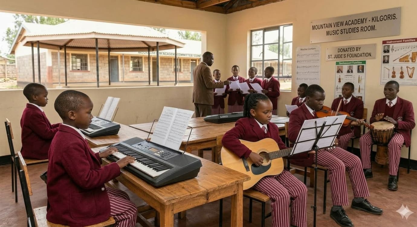 Students playing keyboard and guitar in the music room